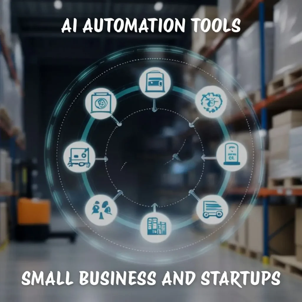AI automation tools dashboard concept for small businesses and startups with digital workflow icons in warehouse background