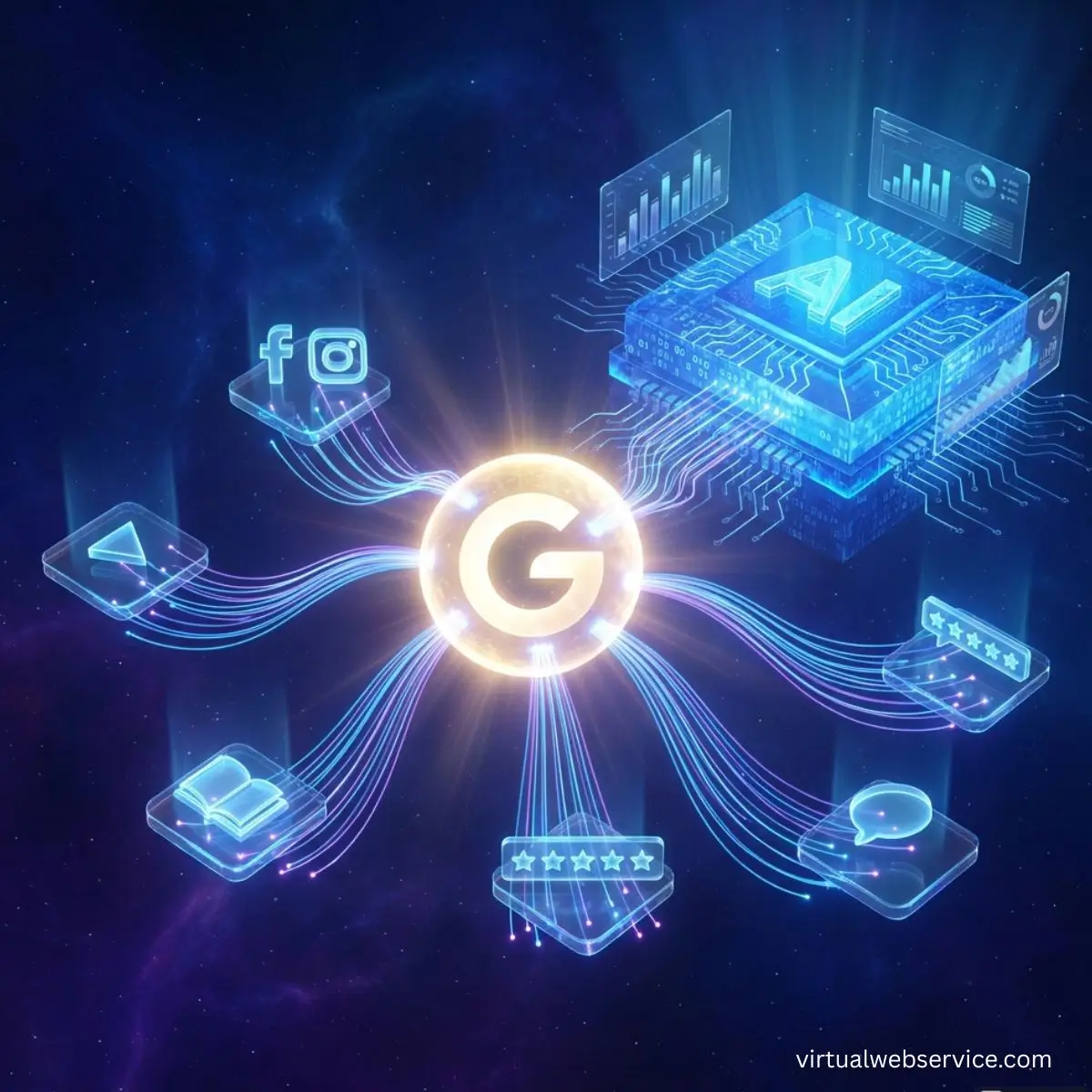 AI search optimization concept showing Google entity signals connected to AI engine, social media, reviews, and content sources representing Generative Engine Optimization strategy.