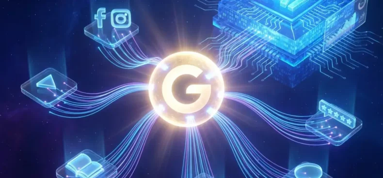 AI search optimization concept showing Google entity signals connected to AI engine, social media, reviews, and content sources representing Generative Engine Optimization strategy.