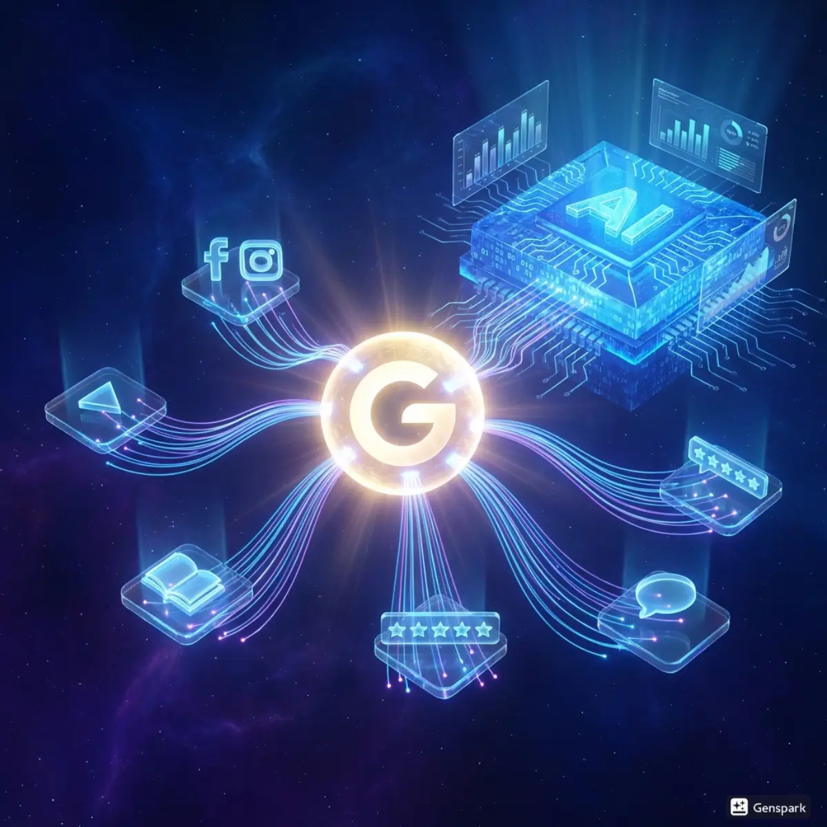 AI search optimization concept showing Google entity signals connected to AI engine, social media, reviews, and content sources representing Generative Engine Optimization strategy.