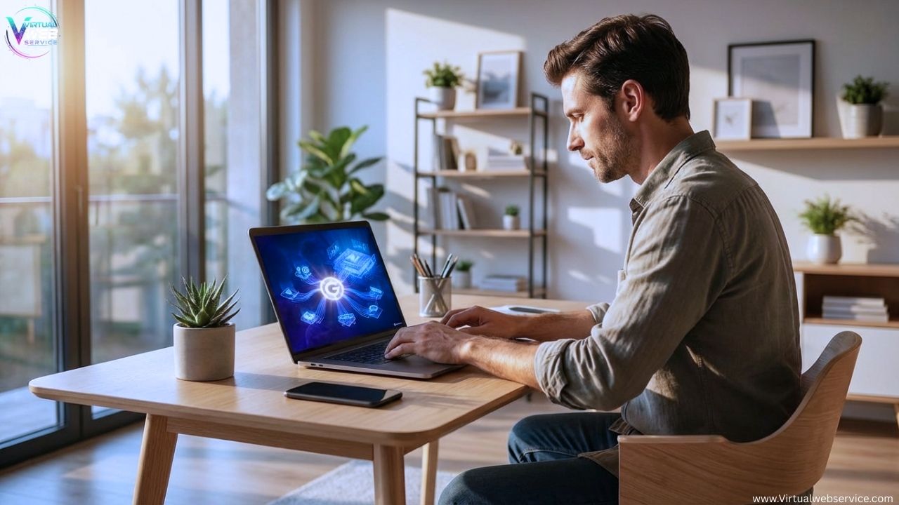 Digital marketing professional working on AI-powered SEO and Generative Engine Optimization strategy on a laptop in a modern home office environment.