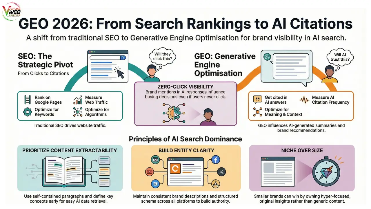 GEO 2026 infographic showing the shift from traditional SEO to Generative Engine Optimization (GEO) focusing on AI citations, zero-click visibility, entity clarity, and AI search dominance principles.